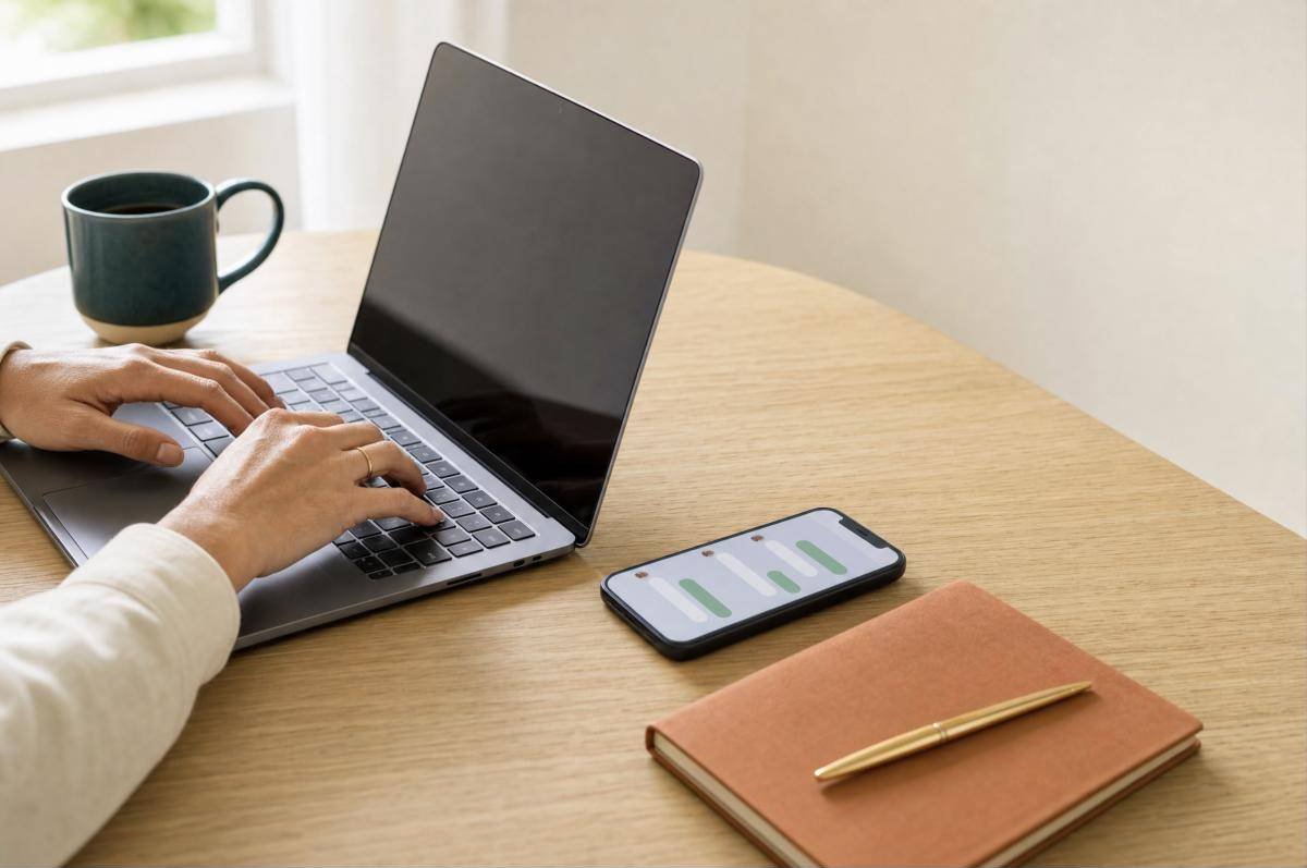 Hands typing on a laptop beside a phone showing a customer chat, a petrol mug and a terracotta notebook with a gold pen
