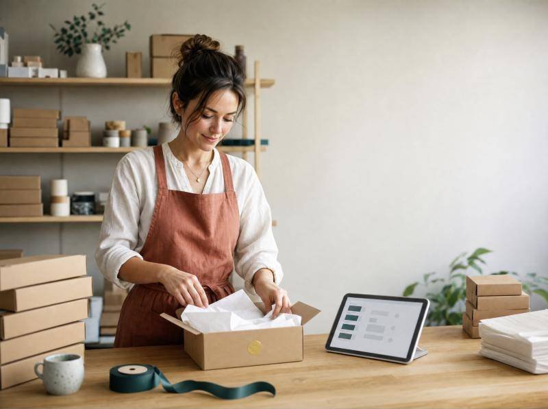An online store founder in a terracotta apron packing an order next to a tablet showing an order dashboard